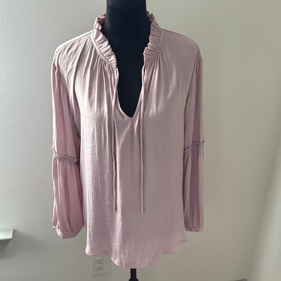 LOFT split ruffle collar ties long sleeves mixed media pink blouse top Sz L - Picture 1 of 8